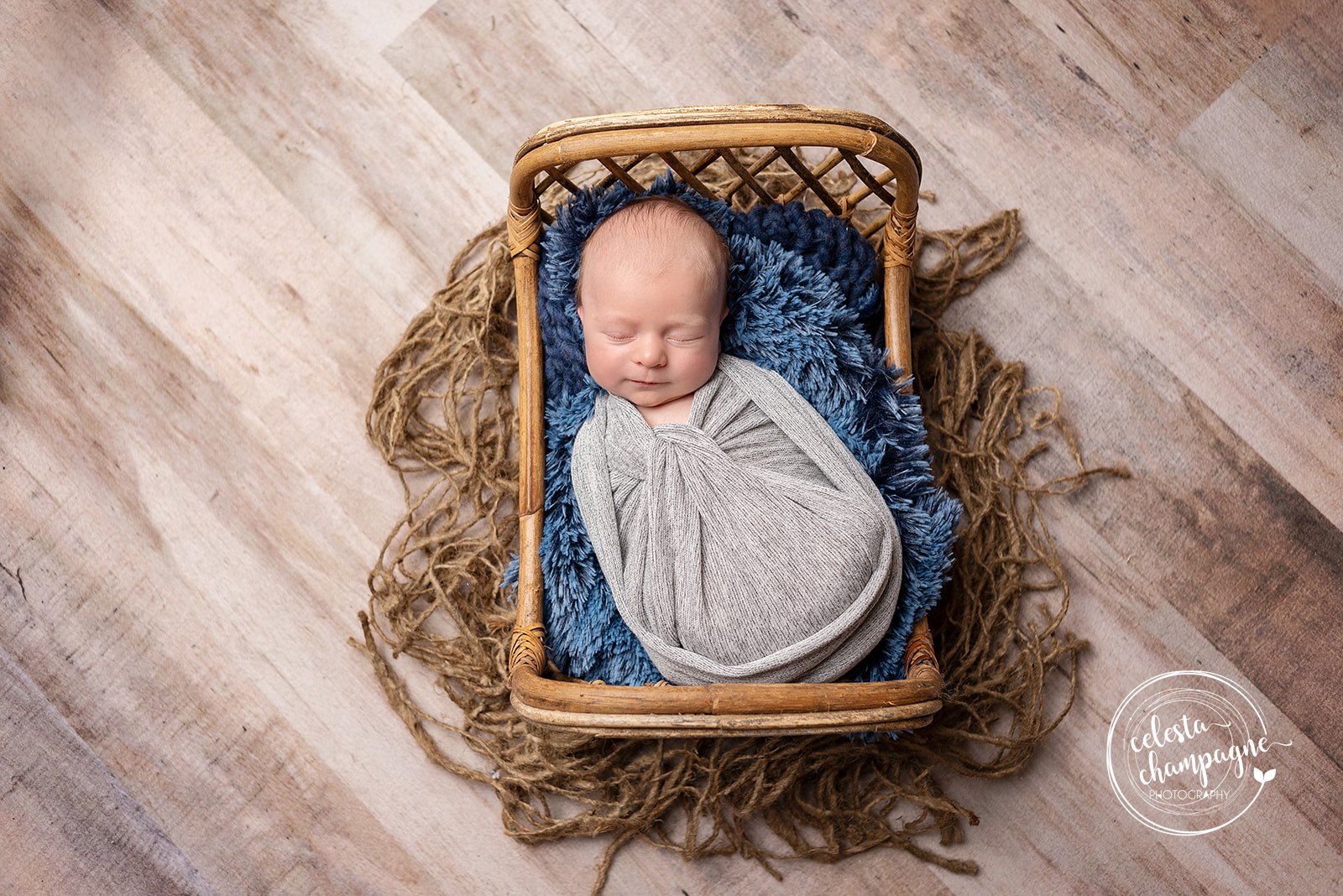 Baby boy newborn pictures in cute little bed